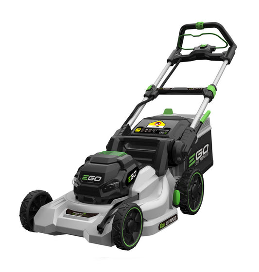 EGO LM1903E-SP cordless self-propelled lawn mower bare tool showing its 47cm poly cutting deck, large wheels, and 55-litre mesh collection bag.