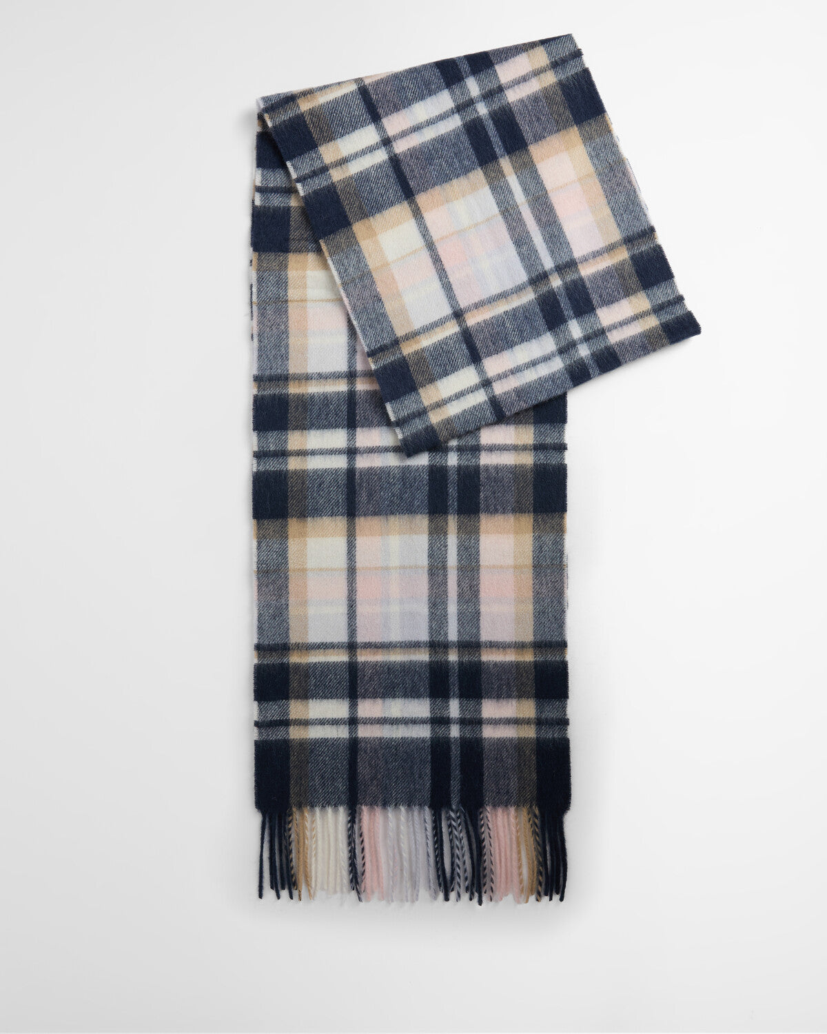 Richly coloured Barbour check scarf crafted from a lambswool and cashmere blend, featuring a traditional fringed hem and a woven logo label.