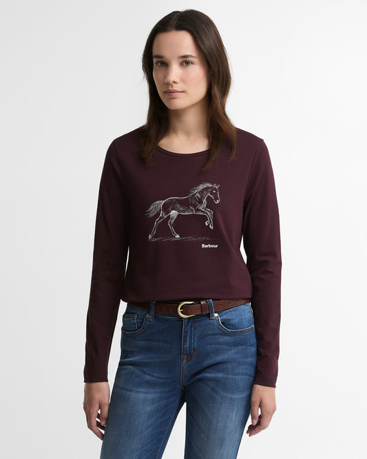 Front view of the Barbour Rosamund Women's Long Sleeve T-Shirt showcasing the printed horse graphic on the chest.