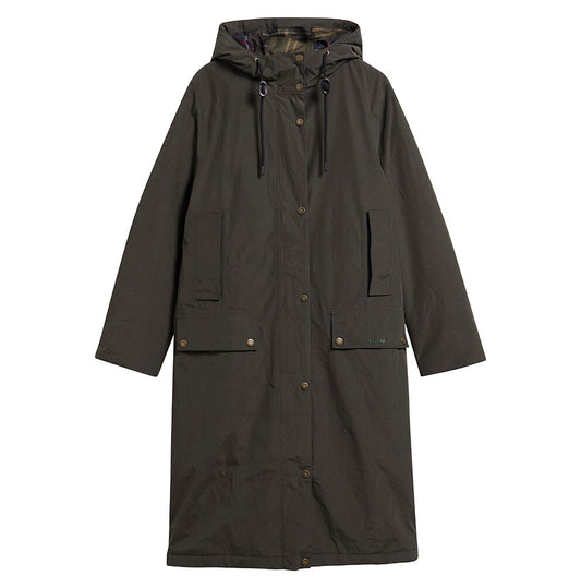 Barbour Matilde waterproof jacket with a cinched drawcord waist, leather trim, and a protective storm flap.
