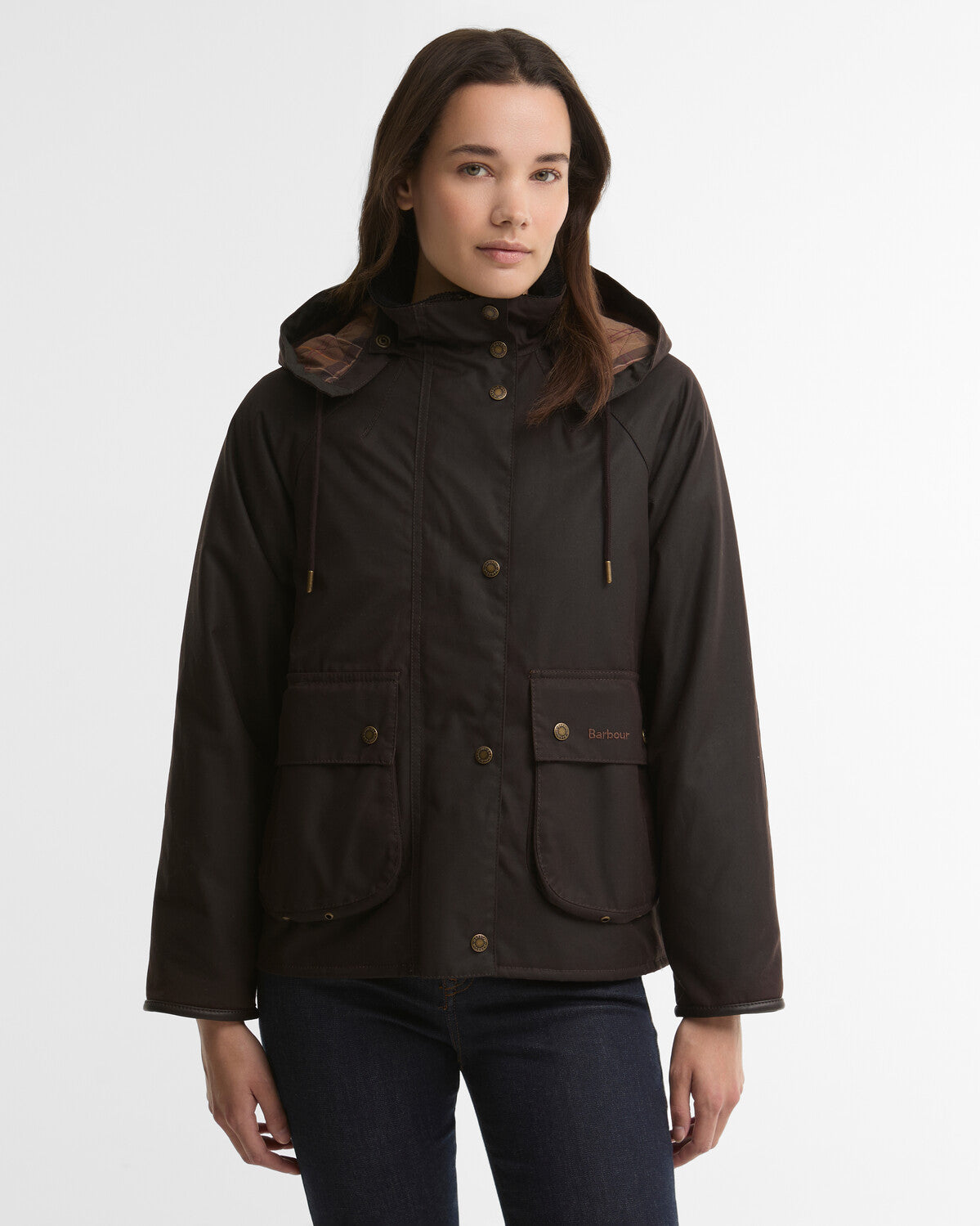 Front view of the Barbour Georgette Wax Jacket in rustic brown, featuring the collar, lower pockets, and matching detachable hood.