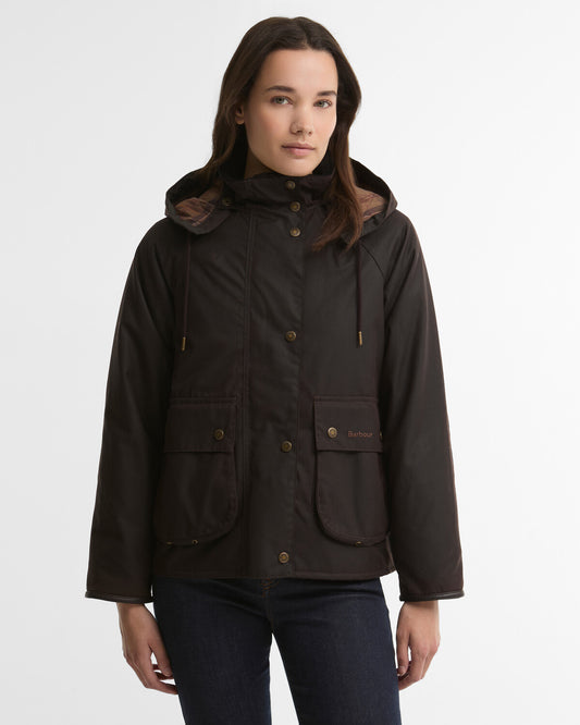 Front view of the Barbour Georgette Wax Jacket in rustic brown, featuring the collar, lower pockets, and matching detachable hood.