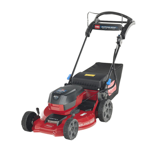 Toro eSuper Recycler eC53AST 60V cordless lawn mower with a 53cm aluminium deck, showing the wide grass bag and SmartStow handlebars.