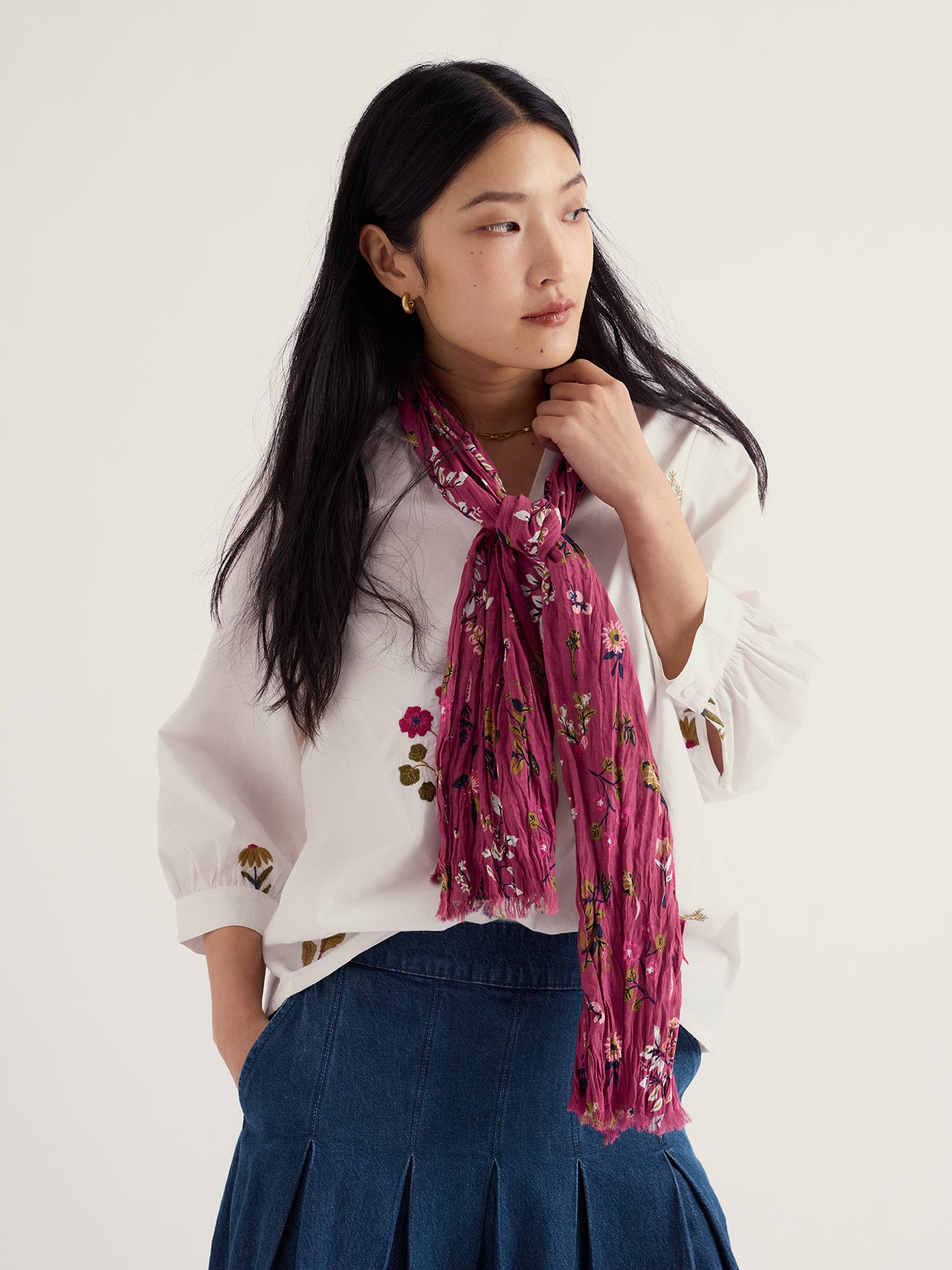Seasalt Larissa Scarf in lightweight crinkled organic cotton voile draped loosely.