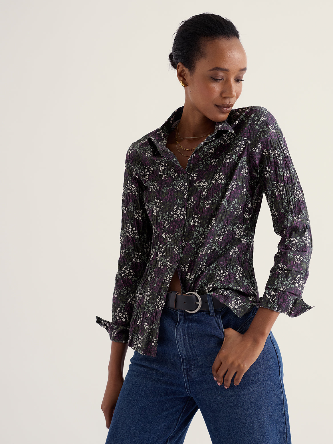Seasalt Womens Larissa Organic Cotton Crinkle Shirt featuring collared neckline and roll-back button cuffs