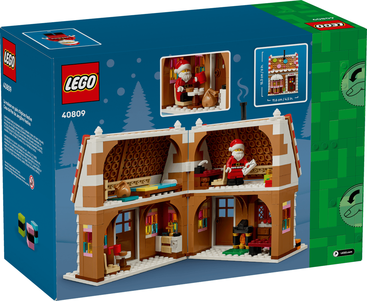 LEGO Festive Gingerbread House 40809 shown built alongside a Santa Claus minifigure.