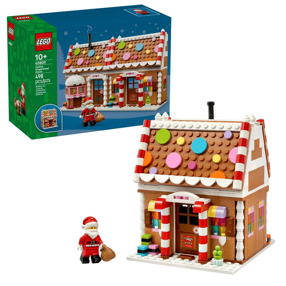 LEGO Festive Gingerbread House 40809 shown built alongside a Santa Claus minifigure.