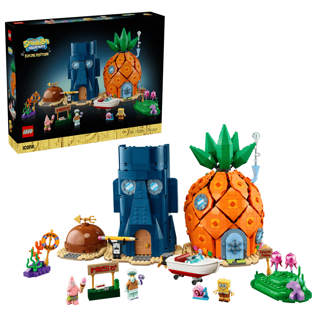 LEGO Icons SpongeBob SquarePants Bikini Bottom 11386 set showing pineapple home, Squidward moai house, Patrick rock, and minifigures