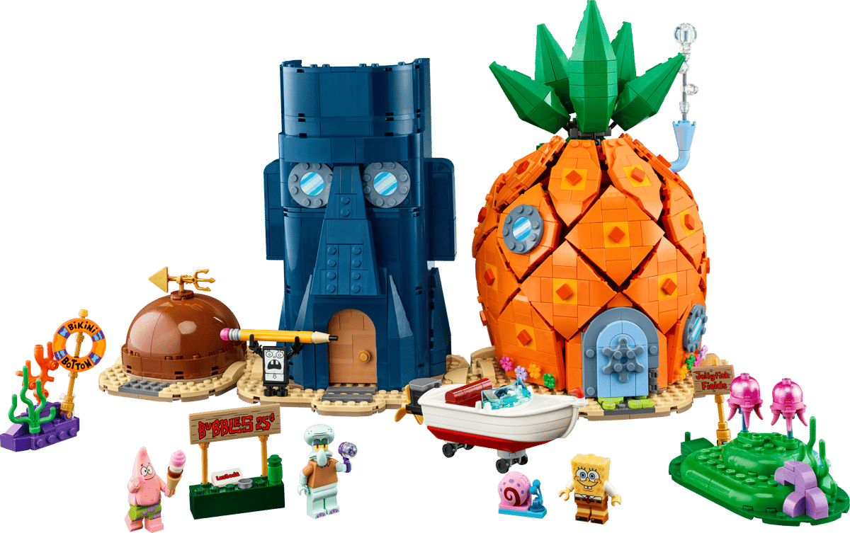 LEGO Icons SpongeBob SquarePants Bikini Bottom 11386 set showing pineapple home, Squidward moai house, Patrick rock, and minifigures