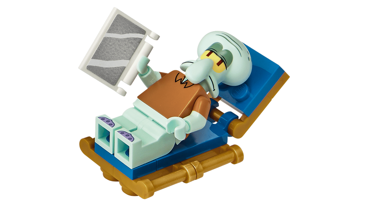 LEGO Icons SpongeBob SquarePants Bikini Bottom 11386 set showing pineapple home, Squidward moai house, Patrick rock, and minifigures