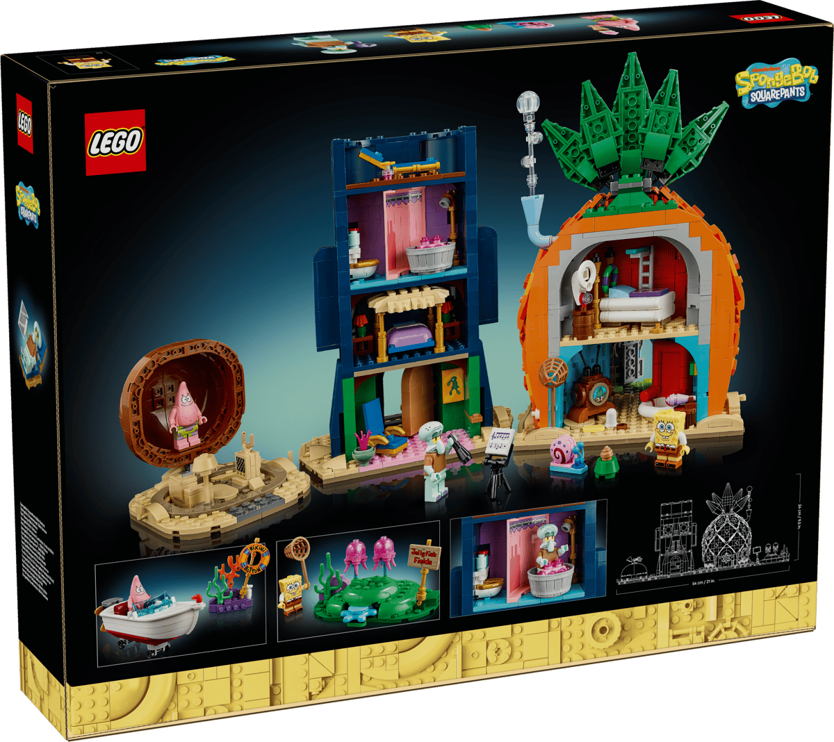 LEGO Icons SpongeBob SquarePants Bikini Bottom 11386 set showing pineapple home, Squidward moai house, Patrick rock, and minifigures