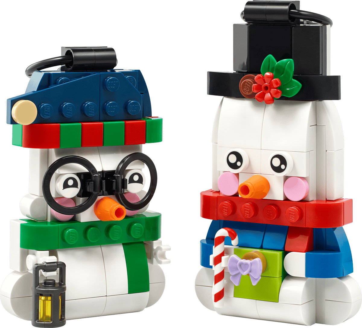 Two buildable LEGO Snowman Ornaments featuring top hat, glasses, lantern, and gift box accessories.