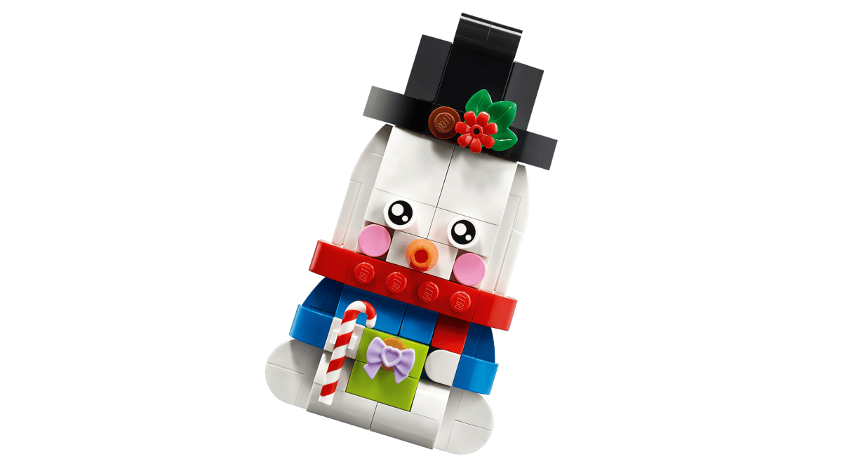 Two buildable LEGO Snowman Ornaments featuring top hat, glasses, lantern, and gift box accessories.