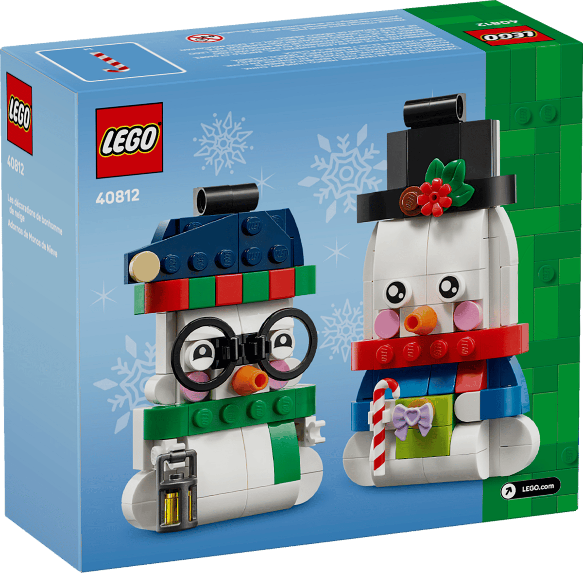 Two buildable LEGO Snowman Ornaments featuring top hat, glasses, lantern, and gift box accessories.
