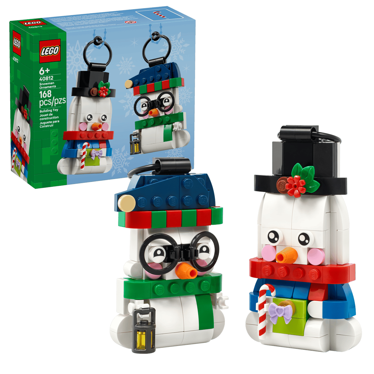 Two buildable LEGO Snowman Ornaments featuring top hat, glasses, lantern, and gift box accessories.