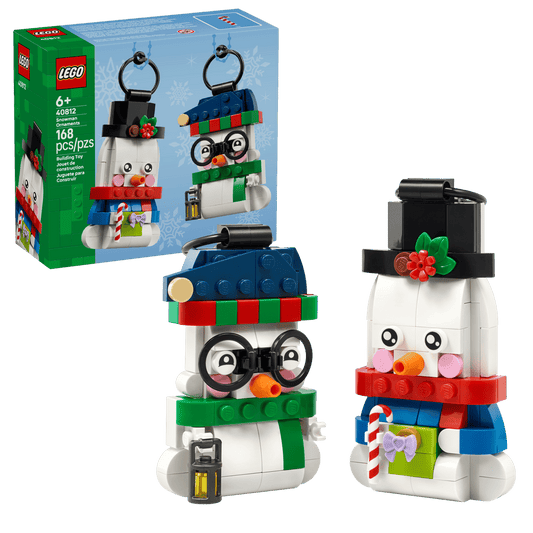 Two buildable LEGO Snowman Ornaments featuring top hat, glasses, lantern, and gift box accessories.