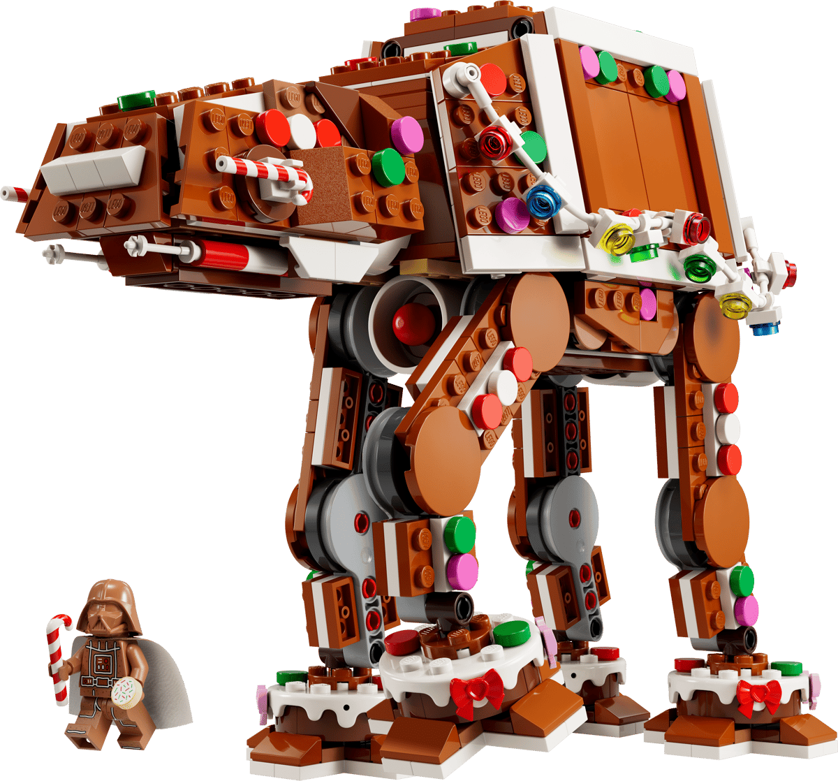 LEGO Star Wars Gingerbread AT-AT Walker model with gingerbread Darth Vader minifigure holding a cookie and candy cane.