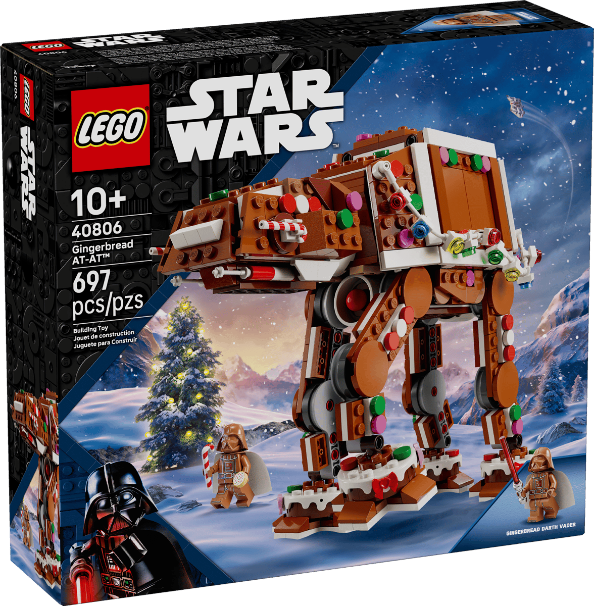 LEGO Star Wars Gingerbread AT-AT Walker model with gingerbread Darth Vader minifigure holding a cookie and candy cane.