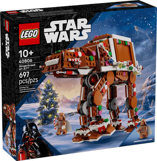 LEGO Star Wars Gingerbread AT-AT Walker model with gingerbread Darth Vader minifigure holding a cookie and candy cane.