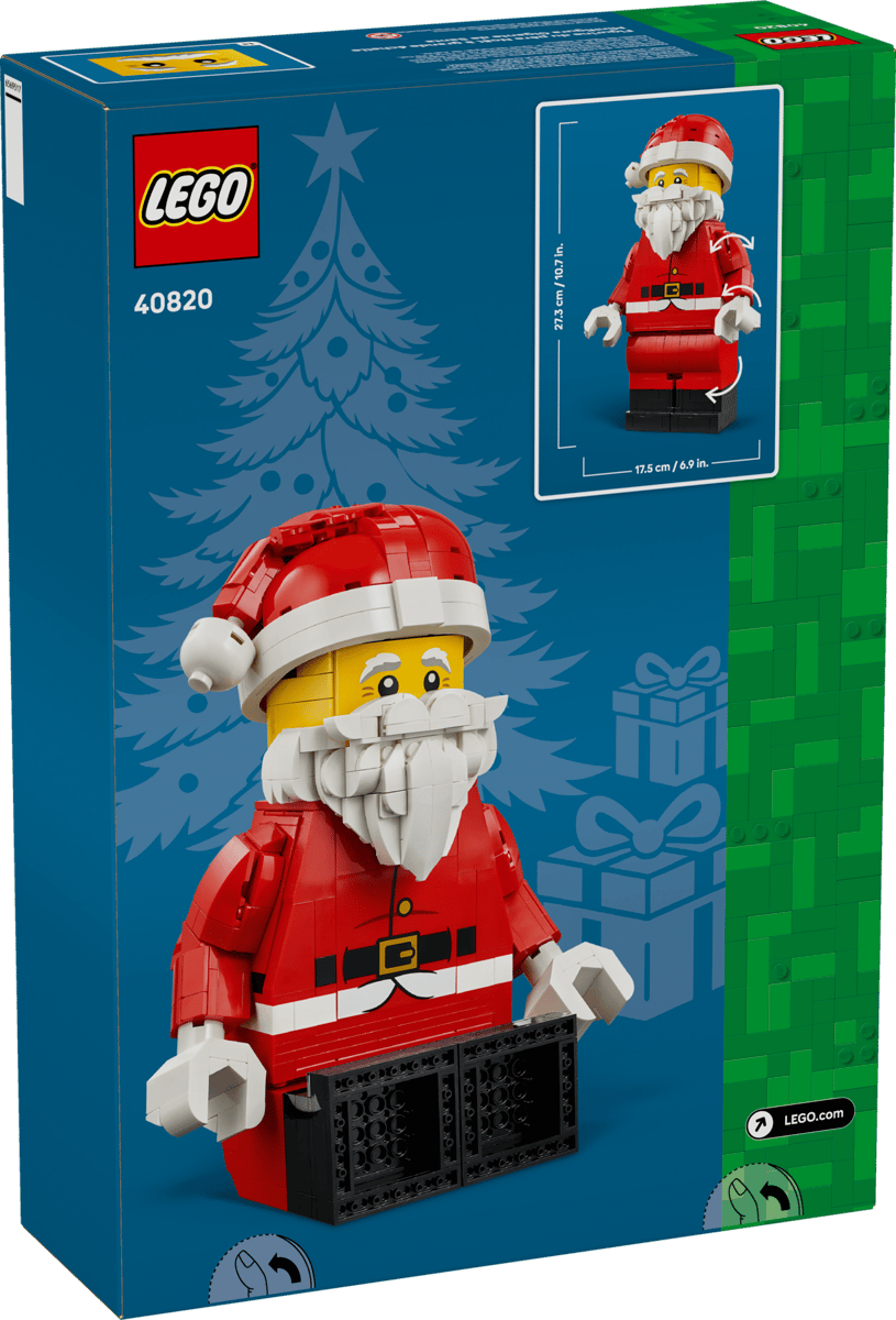 LEGO Up-Scaled Santa Minifigure set 40820 featuring a buildable posable Santa Claus figure in a red outfit and hat.