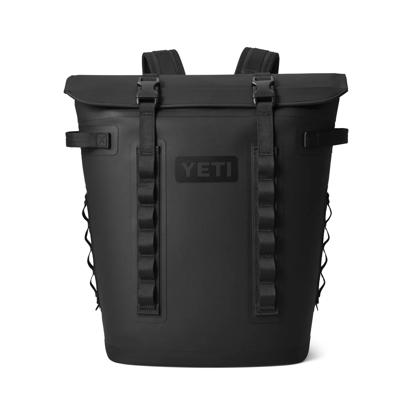 YETI Hopper M20 Soft Cooler Backpack in use outdoors, showing the ergonomic shoulder straps and durable black exterior.