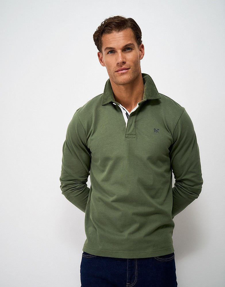 Crew Clothing Mens Cord Collar Cotton Rugby Shirt with corduroy collar, twill placket, and crossed oars chest embroidery