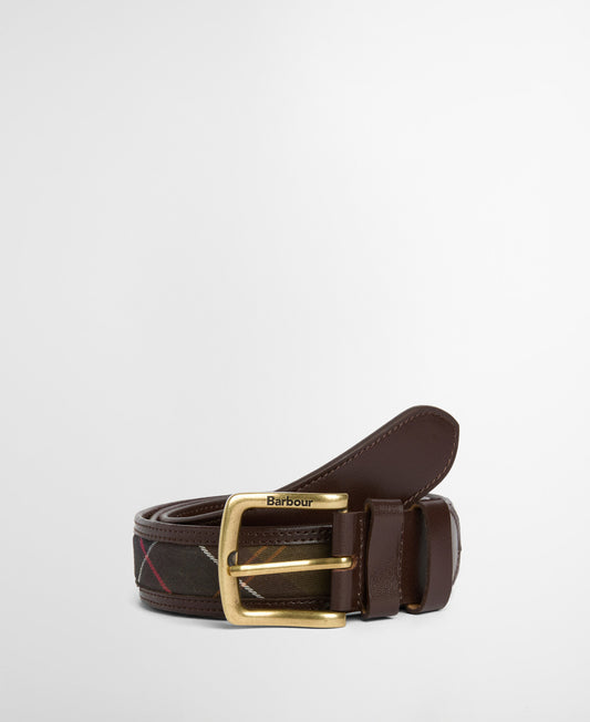 Barbour Girvan Tartan Leather Belt featuring an aged brass buckle, double leather keeper loops, and subtle tartan trim.