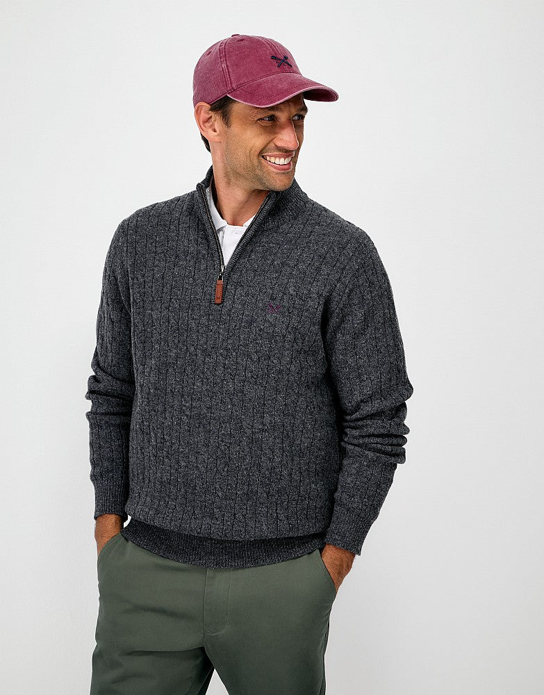 Front view of Crew Clothing Men's Lambswool Cable Knit Half Zip Jumper in a charcoal grey classic fit with ribbed cuffs and chest embroidery.