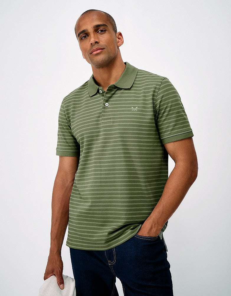 Crew Clothing thin birdseye stripe pique polo shirt with ribbed collar and embroidered crossed oars chest logo