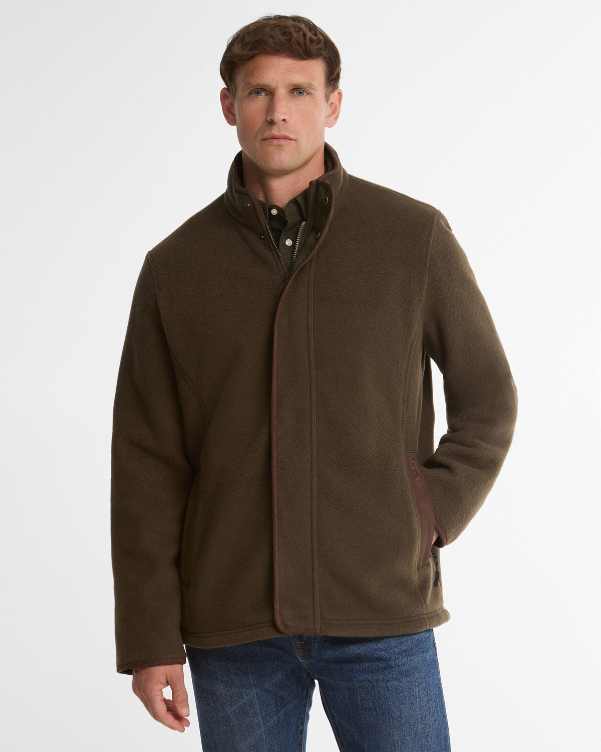 Front view of the men's Barbour Fardon Casual Fleece Jacket, showing the high funnel neck, studded placket, and zipped front closure.