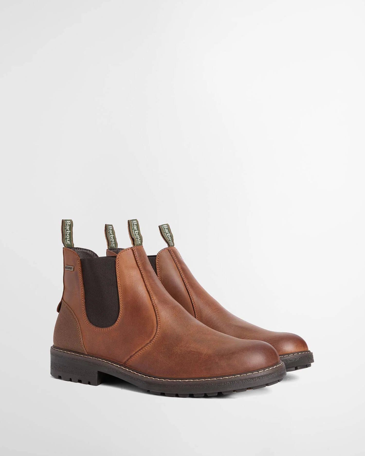 Barbour Embleton Waterproof Chelsea Boots in leather, featuring a durable cleated sole, and front and rear pull loops.