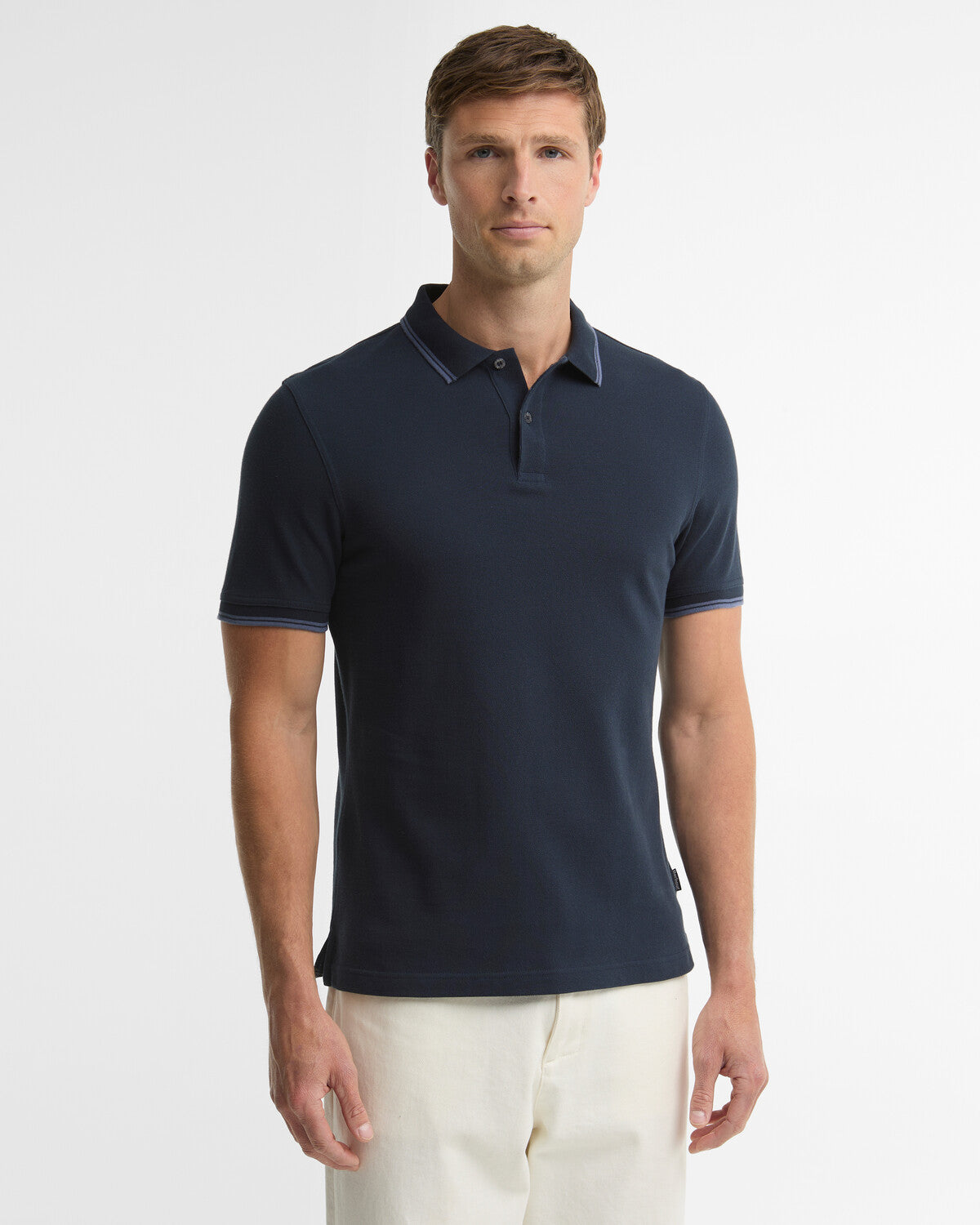 Barbour Lunan Tartan Trimmed Tailored Polo Shirt in cotton piqué, featuring contrast collar tipping and inner tartan details.