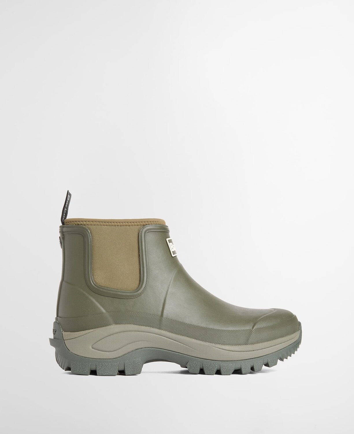 Pair of Barbour Men's Matfen Chelsea Wellingtons in dark rubber with neoprene upper and pull tab.