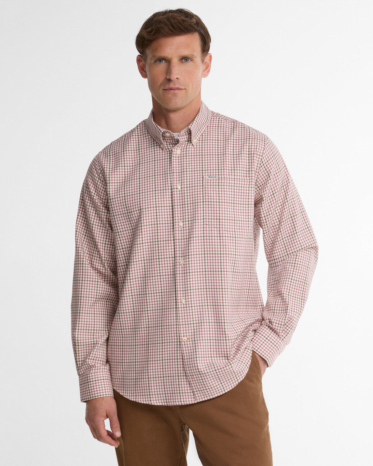 Front view of the Barbour Henderson Thermo Weave Shirt, showcasing the classic tattersall check pattern and the left chest pocket.