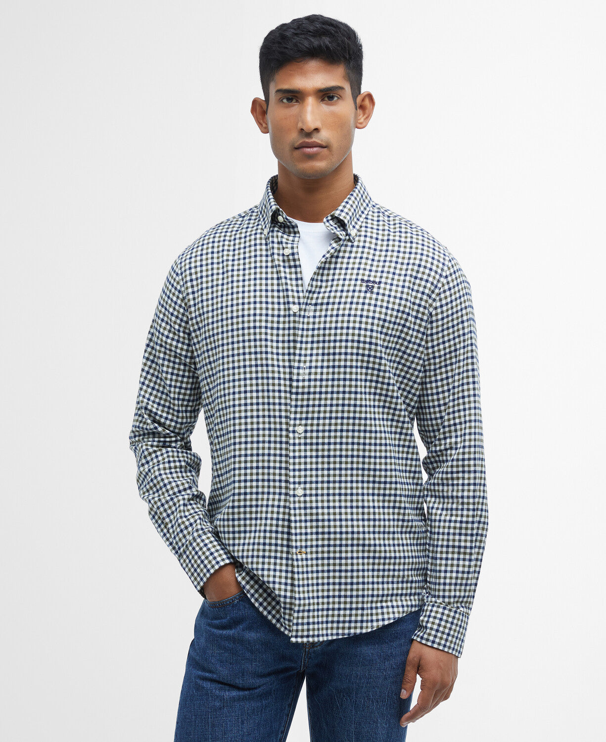 Front view of the Men's Barbour Finkle Tailored Shirt, showcasing the classic all-over gingham pattern and the brushed cotton texture.