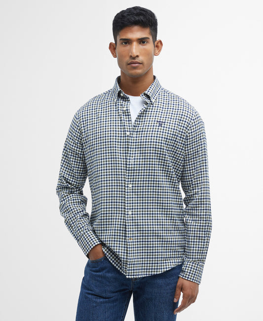 Front view of the Men's Barbour Finkle Tailored Shirt, showcasing the classic all-over gingham pattern and the brushed cotton texture.