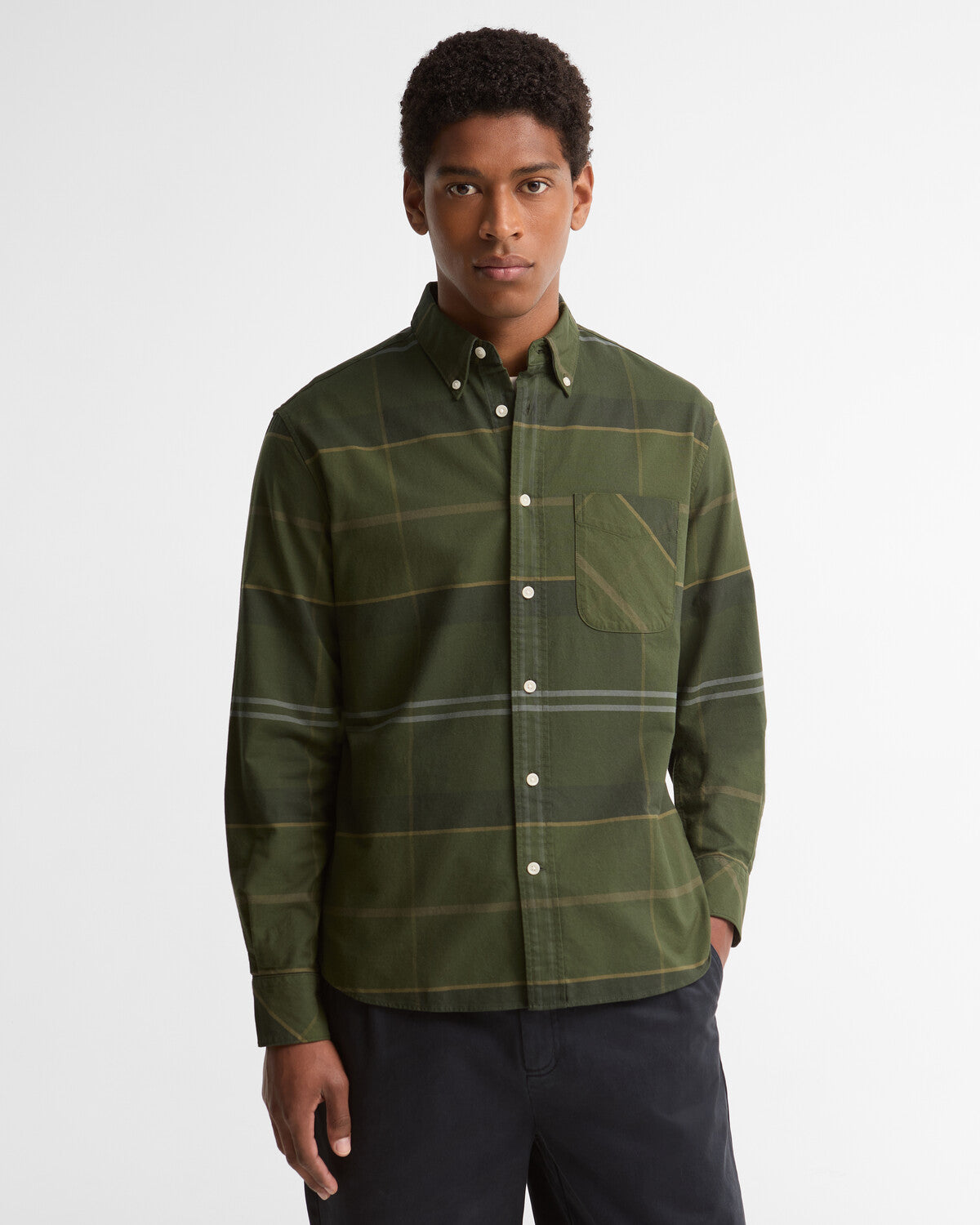 Barbour Mineral Tartan Dunoon Authentic-Fit Long-Sleeved Shirt in cotton oxford, featuring a large scale tonal tartan pattern and corduroy trims.