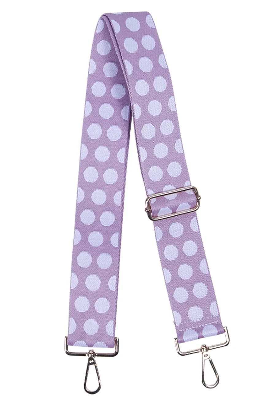 MSH lilac and white large polka dot wide adjustable bag strap with metallic snap hook clasps