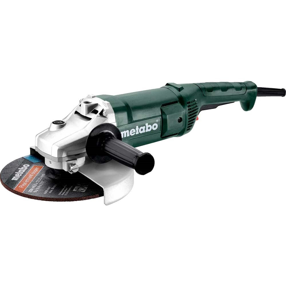 Metabo WP 2000-230 corded 110V heavy duty angle grinder fitted with 230mm wheel guard and auxiliary handle