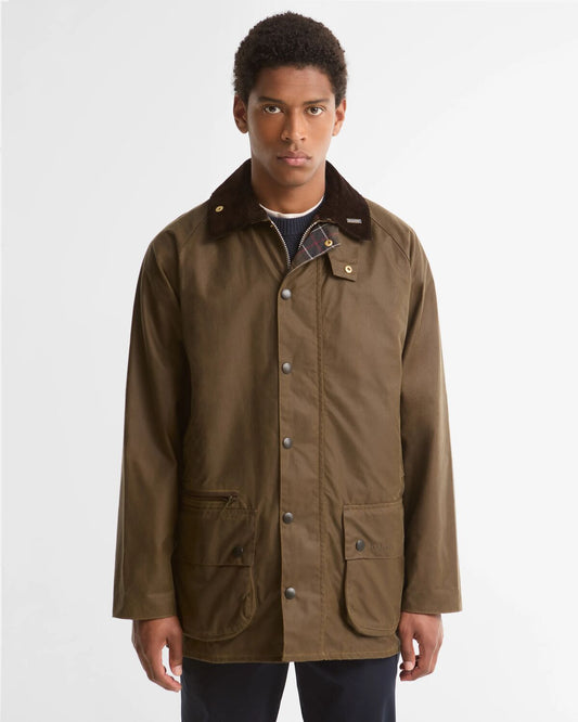 Barbour Icons Beaufort Men's Wax Jacket in Beech featuring a corduroy collar and spacious bellows pockets