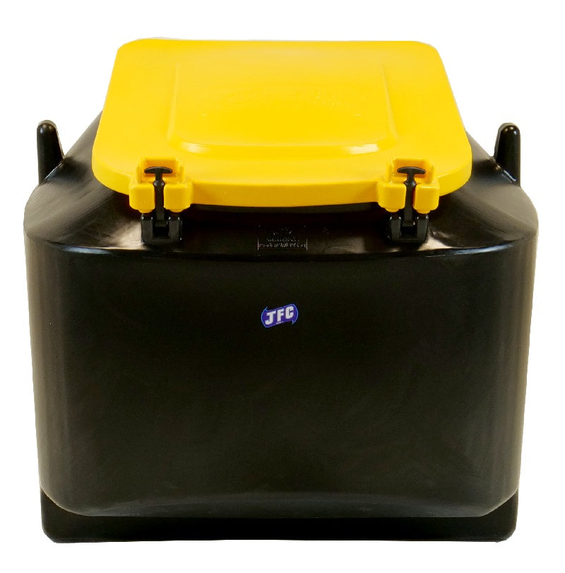 Heavy-duty black JFC easy empty cubic metre meal bin with a secure yellow locking lid and integrated forklift attachment channels.