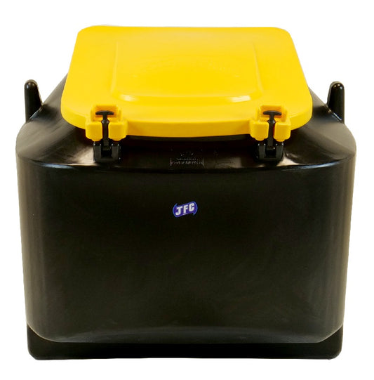 Heavy-duty black JFC easy empty cubic metre meal bin with a secure yellow locking lid and integrated forklift attachment channels.
