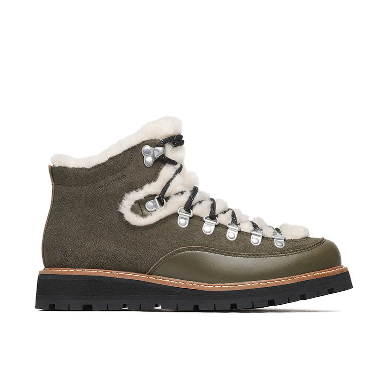 Merrell Women's Sugarloaf Mid Lace Cozy Waterproof Boots in green suede with faux fur collar