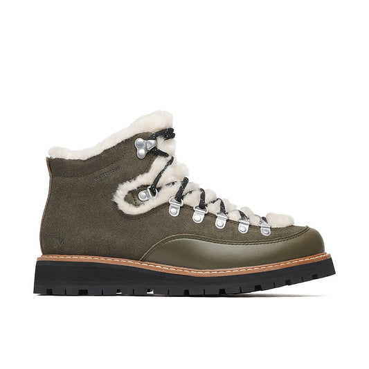 Merrell Women's Sugarloaf Mid Lace Cozy Waterproof Boots in green suede with faux fur collar