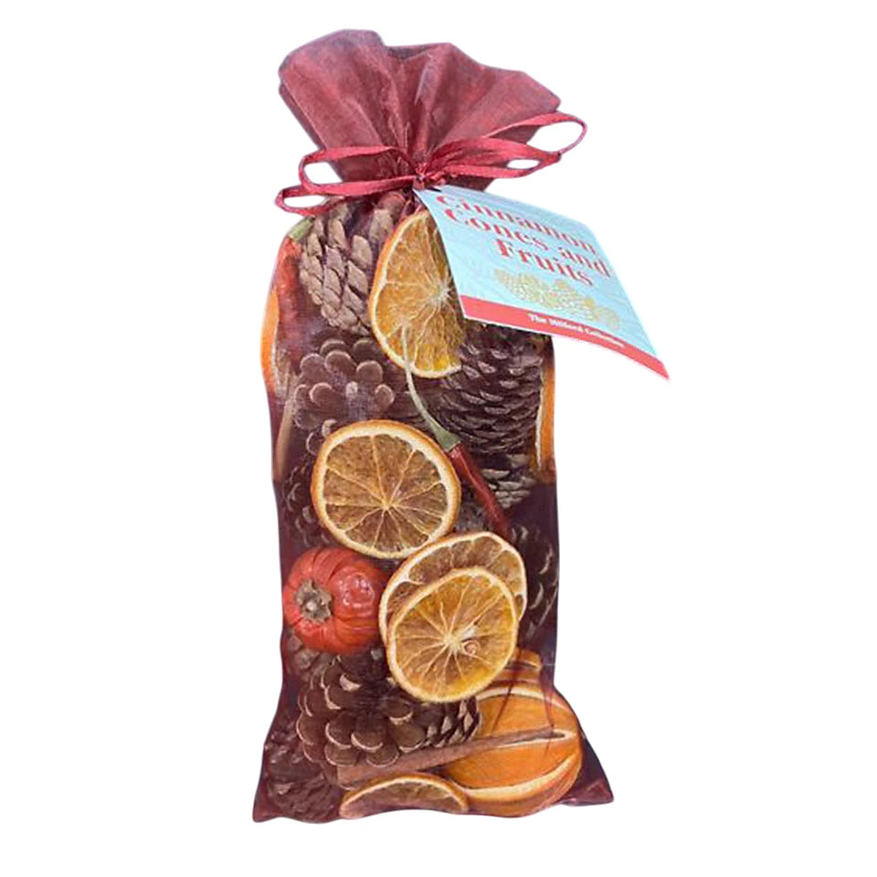 Milford Collection Cinnamon Cones and Fruits Christmas Fragrance Bag 250g filled with scented pine cones and dried orange slices.