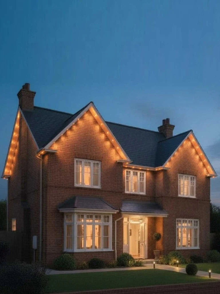 NOMA 30m Nebula Plus eave lights package showing multi-colour LED illumination on a house roofline.