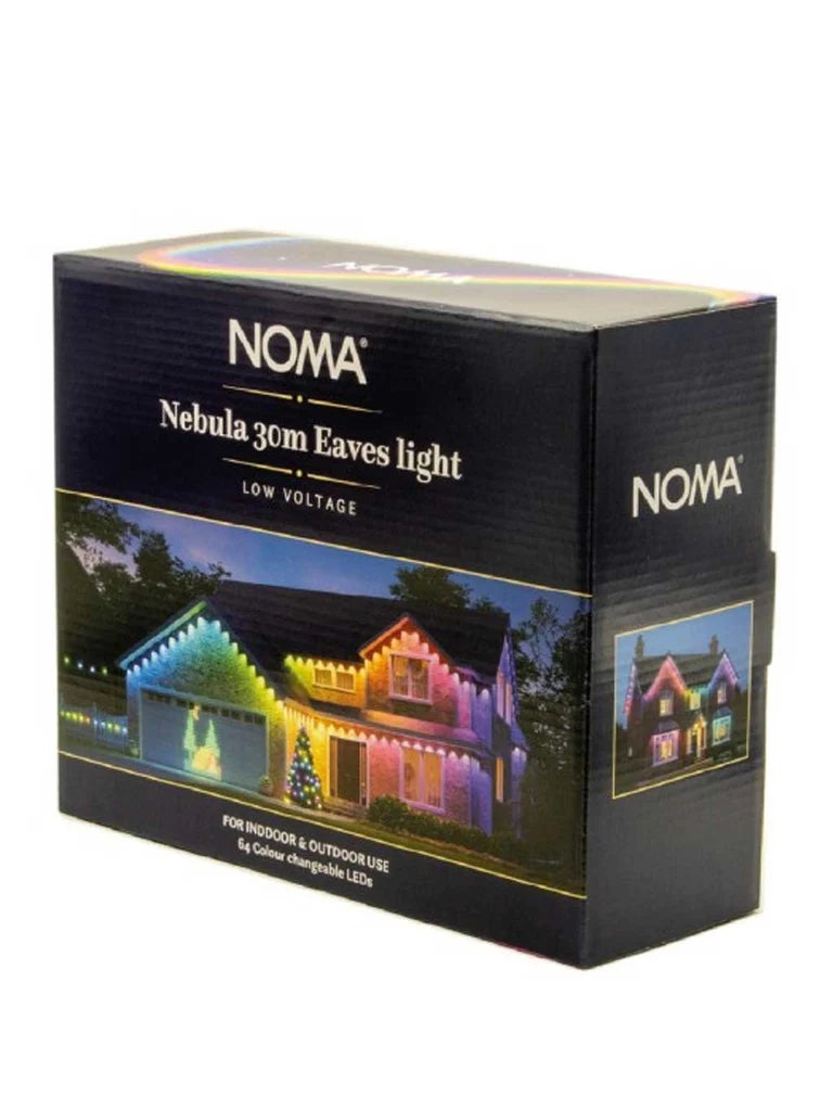 NOMA 30m Nebula Plus eave lights package showing multi-colour LED illumination on a house roofline.