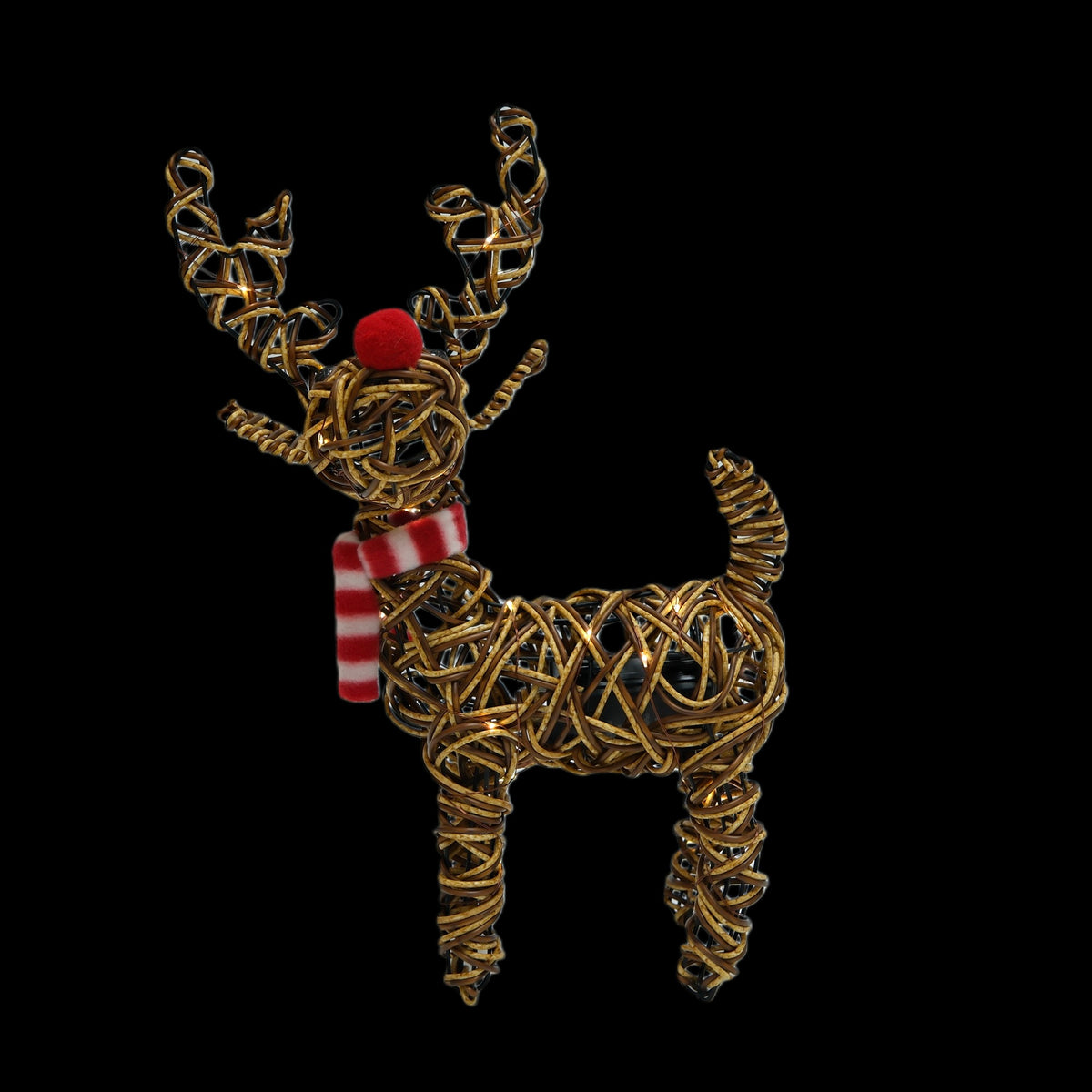 NOMA 38cm brown wicker Rudolph reindeer Christmas light with red nose, striped scarf, and 40 warm LEDs.