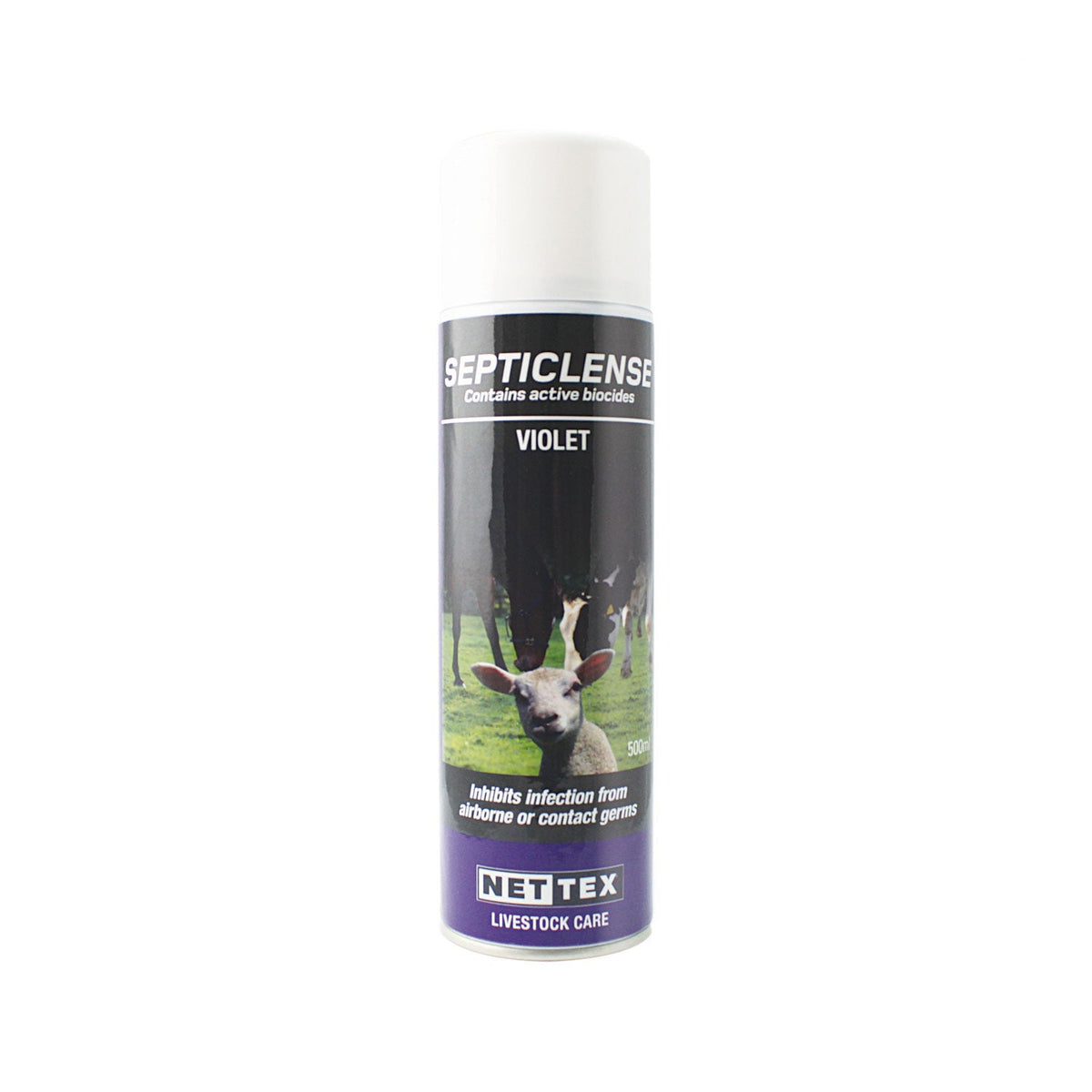 Nettex Agri Septiclense Spray Violet canister for livestock wound care.