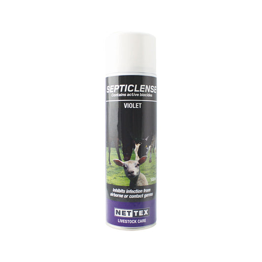 Nettex Agri Septiclense Spray Violet canister for livestock wound care.